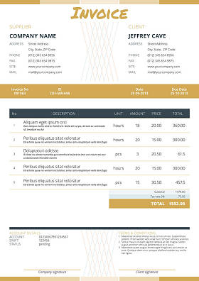 商业发票模板。文具设计。矢量图。形式发票。金色和黑色的颜色主题