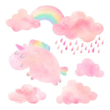 水彩的獨角獸，帶雨和彩虹云