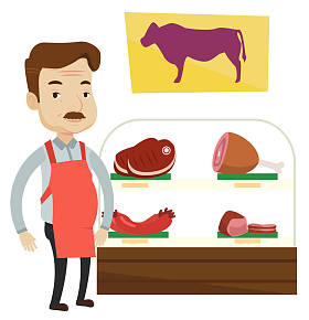 提供 butchershop 新鲜的肉的屠夫