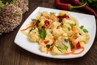 白菜、 胡蘿卜、 甜辣椒-泡菜的韓國沙拉。頂視圖，副本空間