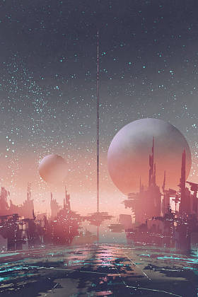 上一个外星人的星球的未来派建筑的科幻城市鸟瞰图