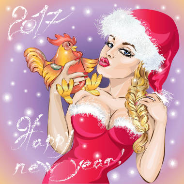 戴面具的圣诞女孩与公鸡，快乐新的一年到 2017 年，手工绘制矢量图