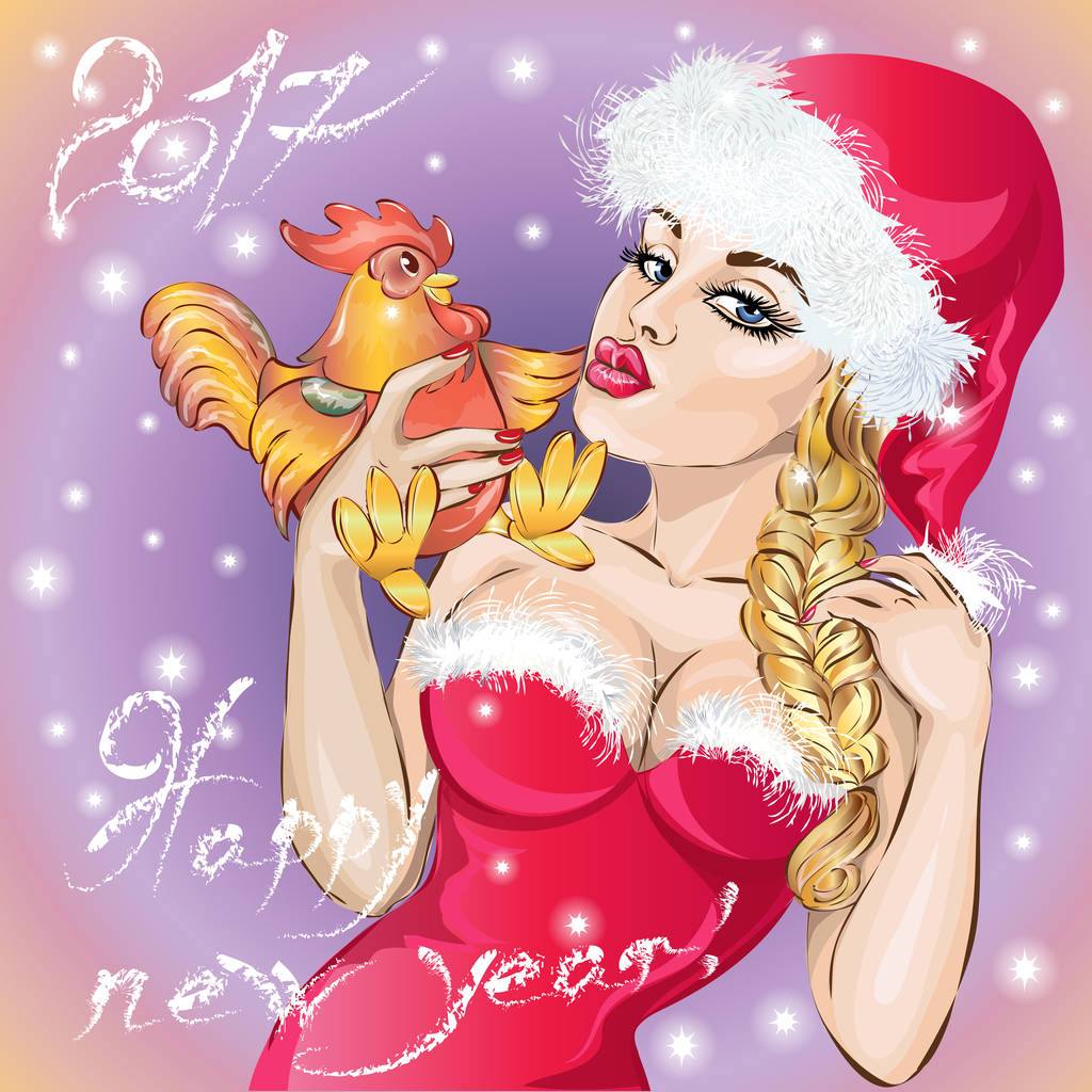 戴面具的圣诞女孩与公鸡,快乐新的一年到 2017 年,手工绘制矢量图 戴面具的圣诞女孩与公鸡,快乐新的一年到 2017 年,手工绘制矢量图