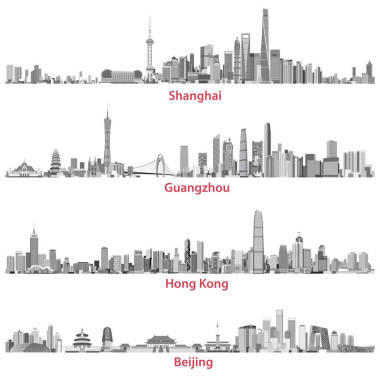 上海、 香港、 廣州和北京的天際線的抽象插圖