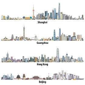 上海、 香港、 广州和北京的天际线的抽象插图