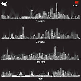 上海、 香港、 广州和北京的天际线的抽象插图