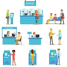 银行服务专业人员、 客户不同金融事务顾问、 Atm 现金操纵及插图其他业务集