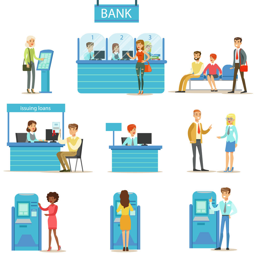 银行服务专业人员、 客户不同金融事务顾问、 Atm 现金操纵及插图其他业务集