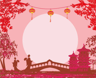 藝妓剪影在日落時分-框架