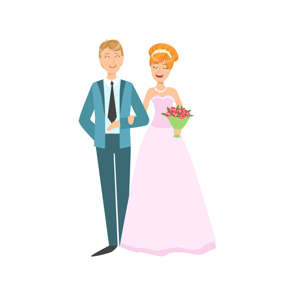 红头新娘和新郎新婚夫妇穿着粉红色的传统婚纱，适合微笑和合影照片