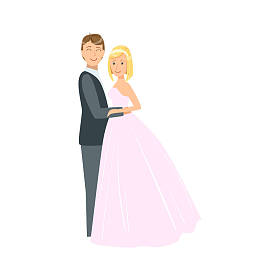 一头金色的短发和新郎新婚夫妇在传统婚纱和西装微笑和合影照片中的新娘