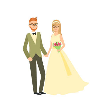 新娘和新郎在眼鏡新婚夫婦穿著傳統(tǒng)婚紗，適合微笑和合影照片