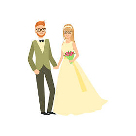 新娘和新郎在眼镜新婚夫妇穿着传统婚纱，适合微笑和合影照片