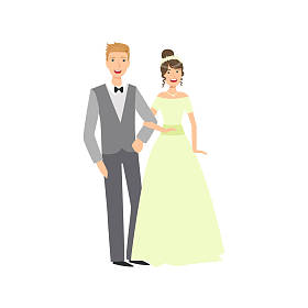 新娘和新郎新婚夫妇在传统绿色婚纱和西装微笑和合影照片