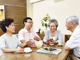 两个高级亚洲夫妇聊天