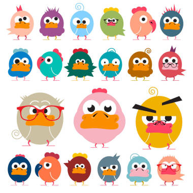 鸡。时髦的鸟集。矢量有趣的动物