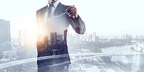 在现代城市背景下的商人。混合媒体