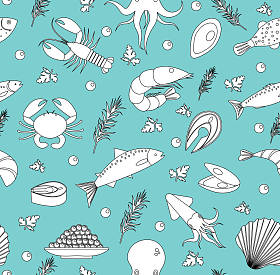 海上生活无缝模式。水下无休止背景纹理。手绘画,素描,线,涂鸦风格。矢量图