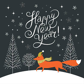 快乐新的一年卡与狐狸