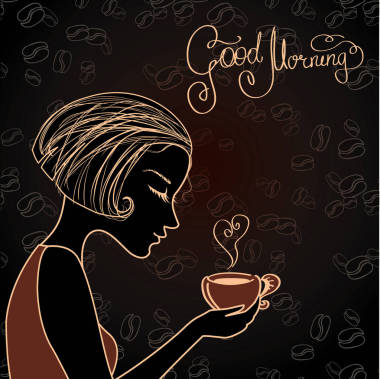 與一杯咖啡的美麗女性剪影圖片