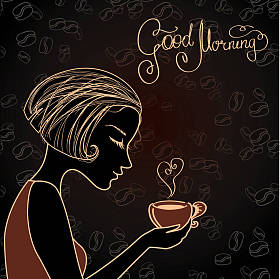 与一杯咖啡的美丽女性剪影图片