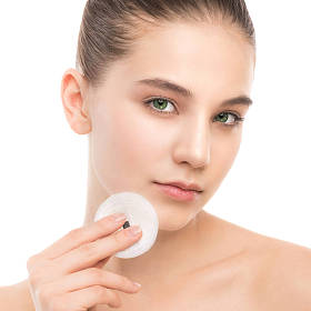 年轻女子爱着脸上的皮肤。清洗的完美新鲜皮肤使用棉垫。分离