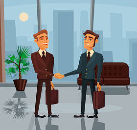 两个商人人物握手。矢量平面卡通插画