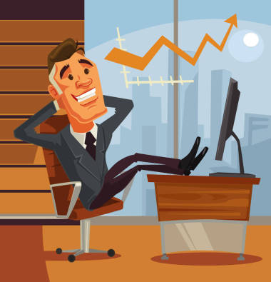 成功的放松商人性格坐用腳在桌子上。矢量平面卡通插畫