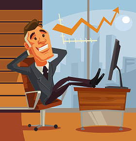 成功的放松商人性格坐用脚在桌子上。矢量平面卡通插画