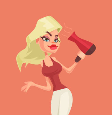 女孩干頭發(fā)用吹風(fēng)機(jī)。矢量平面卡通插畫(huà)