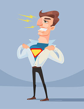 勇敢的超级英雄办公室工人商人字符。矢量平面卡通插画