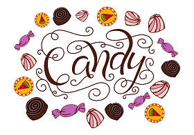 手绘刻字。糖果。标签与糖果，棒棒糖，口香糖。与美味元素设计模板