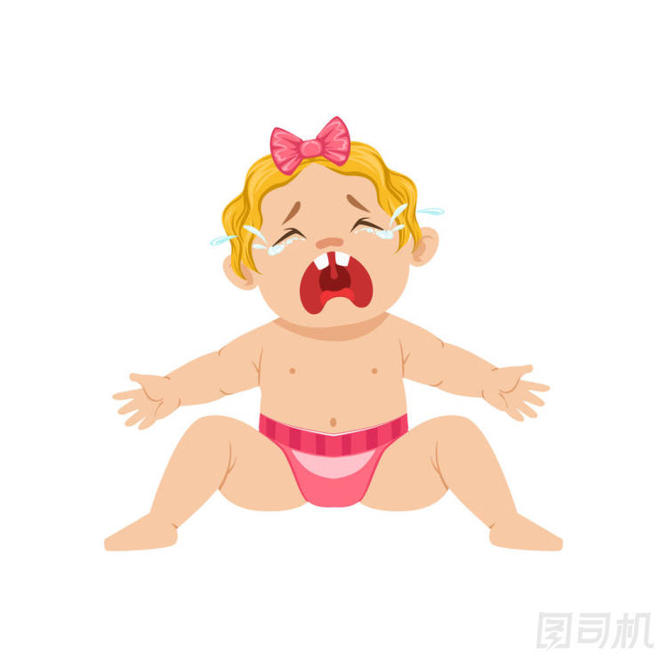 小女嬰，她坐在尿布哭 Hesterically 與眼神中滿是的卡通插圖
