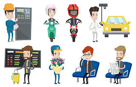 一套工业工人和旅行的人.照片