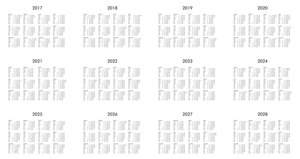 2017 到 2028 年的日历
