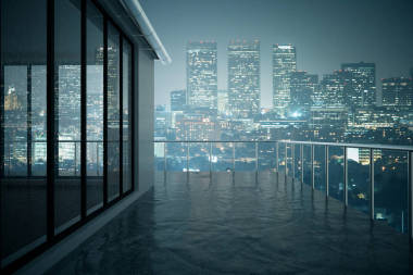 在現(xiàn)代建筑中的混凝土陽臺(tái)的特寫。晚市背景。3d 渲染