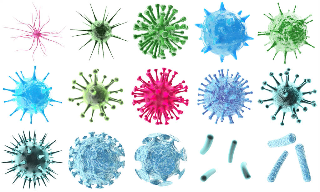 3d 渲染病毒细菌图标设置、 抽象孤立在黑色背景上的美丽微生物多彩单元微生物病毒分子细菌对象集