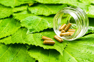 在綠色的樹葉在罐子里的藥。健康維生素概念