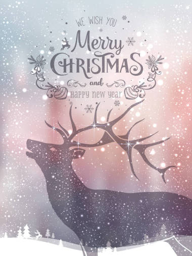 假日鹿，圣诞快乐，新年排字背景与冬季风景与雪花，光，星星。圣诞卡。病媒图解