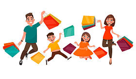 家庭购物愉快。母亲、 父亲、 儿子和女儿是跳