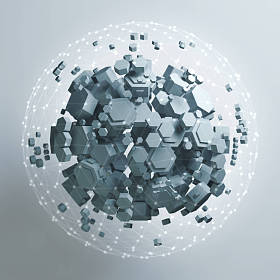 白色的六角棱柱的 3d 渲染。科幻背景。在空旷的空间抽象领域