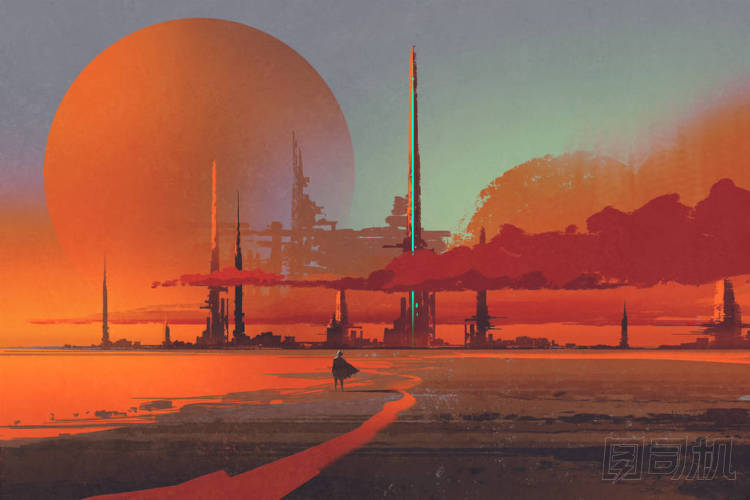 在沙漠中，插图的科幻建设