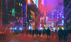 人们在夜间行走在科幻城市 图片