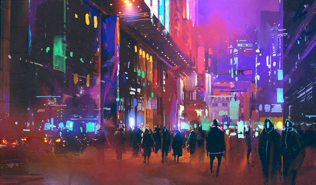 人们在夜间行走在科幻城市 图片