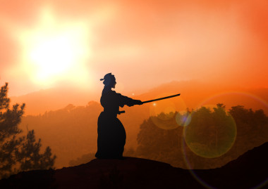 劍道訓(xùn)練對山的股票插圖圖片