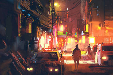 老街道，在未來城市的夜晚出五彩繽紛的光芒