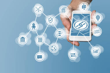 現(xiàn)代智能手機(jī)觸摸屏上顯示為示例為鰭科技公司的 Blockchain 圖標(biāo)