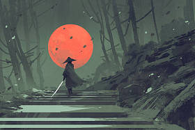 站在夜晚的森林里的楼梯上的武士