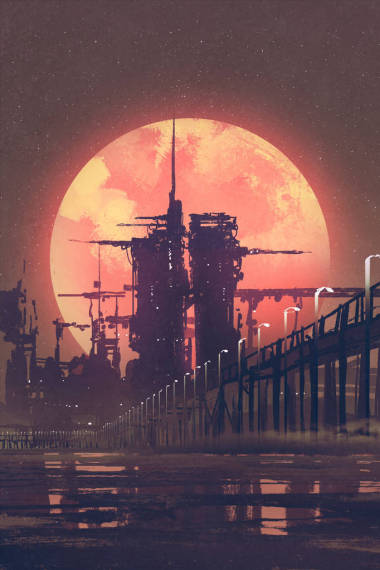 未來的城市，與紅色行星上背景