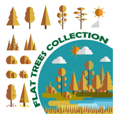 設置。樹木和灌木叢。平，游戲，應用矢量圖。分離